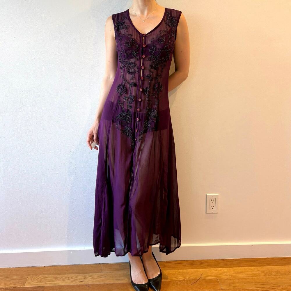 Vintage Y2K silk chiffon hand beaded embellished purple midi dress